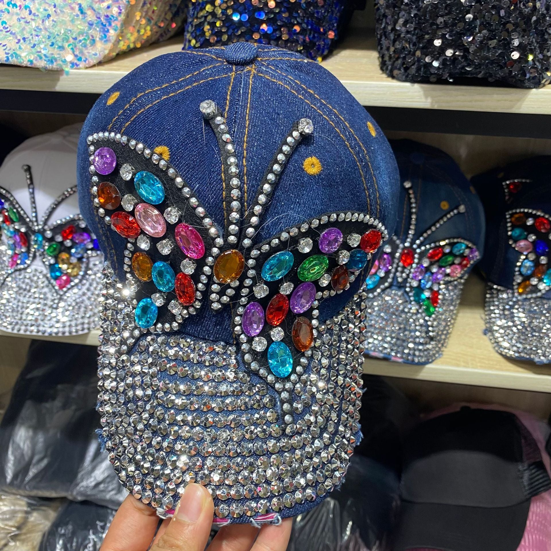 Wholesale Colored Diamond Butterfly Denim Cotton Baseball Caps